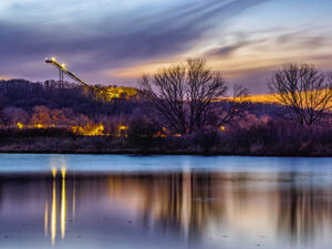 A ski jump above a frozen lake