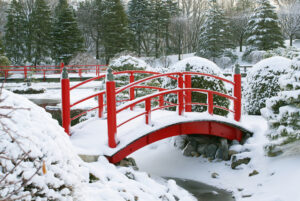 A red bridge covered in snow at the Normandale Japanese Garden