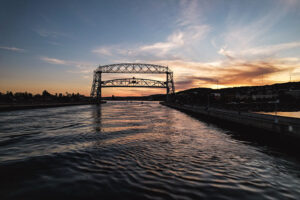 The Duluth Lift Bridge on Lake Superior at sunset