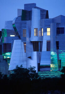 Exterior of the silver, angular-shaped Weisman Art Museum