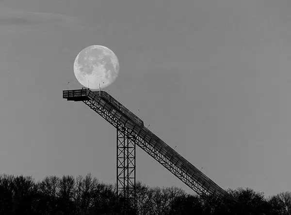 The moon rising over Bush Lake Ski Jump