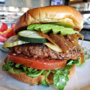 A close-up of a burger