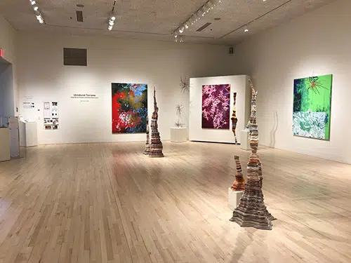 An art gallery with sculptures