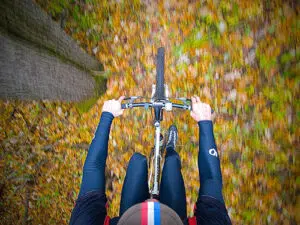 Biking through fall leaves