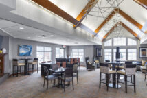 Hotel lobby with cathedral ceiling