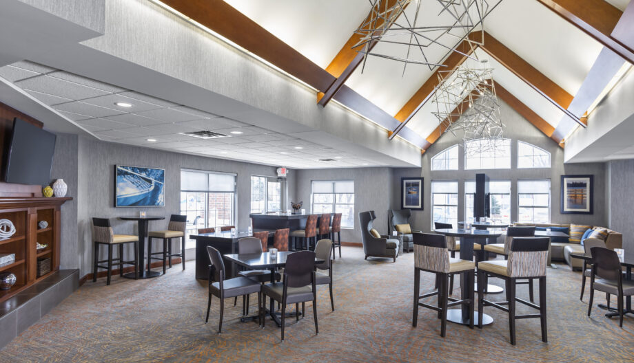 Hotel lobby with cathedral ceiling