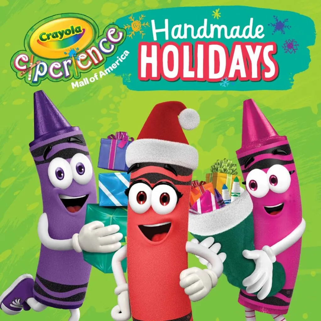 Illustration of 3 Crayola crayons holding gifts