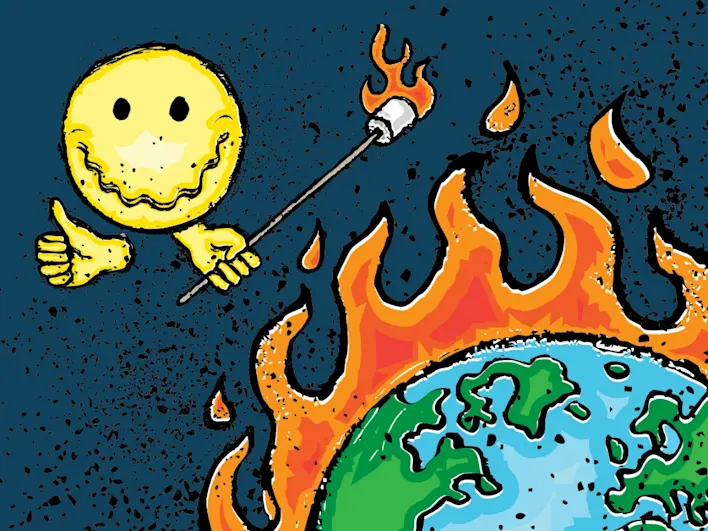 A smiling cartoon holds a s'more near a burning globe