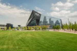 US Bank Stadium with large lawn in front