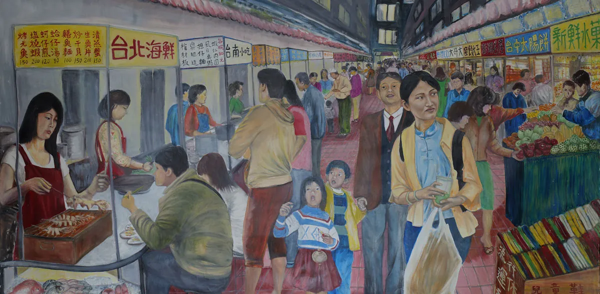 Drawing of a busy food market with people shopping for food